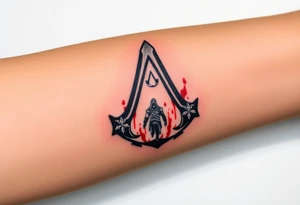 Assassins Creed emblem with Ezio hooded character with blood splashes and weapons as the bottom logo tattoo idea