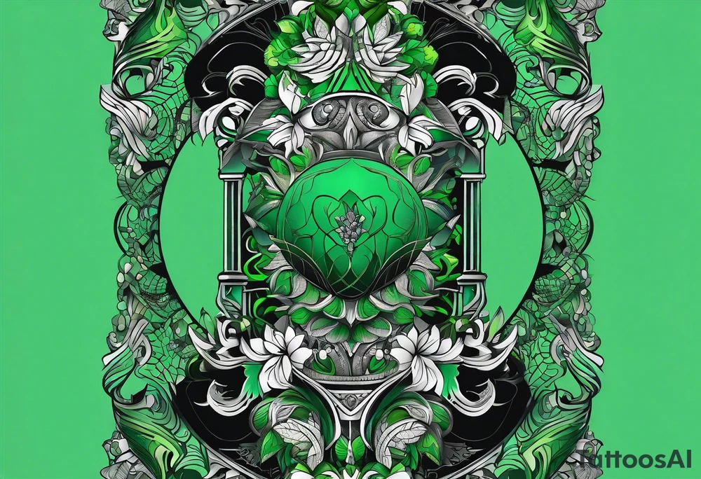 abstract, green and black, covered from wrist to forearm, fully covered, no borders, blackwork, no people tattoo idea