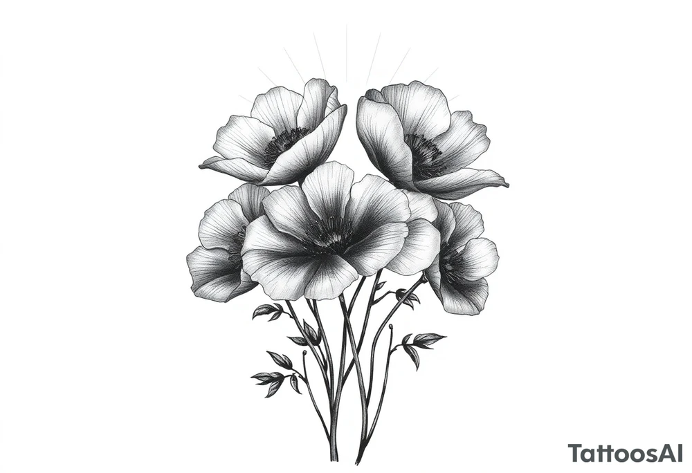A cluster of wildflowers or poppies, with solid black shadows at the base and lighter stippling toward the petals.
The sun’s rays could be subtly hinted at with negative space, giving the illusion of light breaking through. tattoo idea