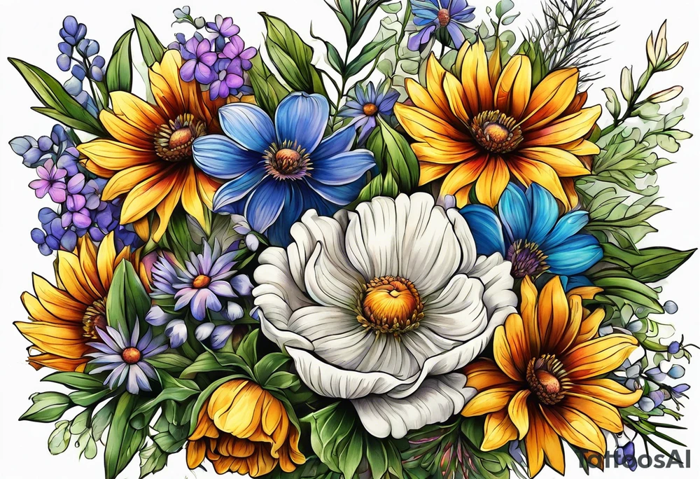 saturated mixed wildflower bouquet with greenery and detailed with color tattoo idea