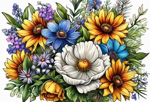 saturated mixed wildflower bouquet with greenery and detailed with color tattoo idea
