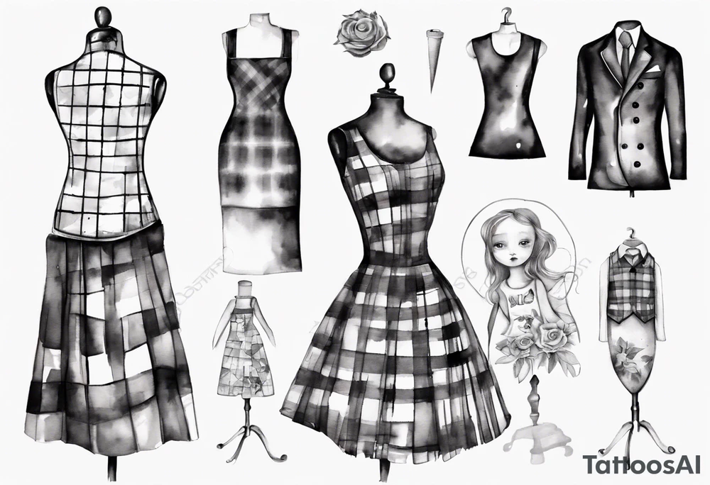 Tailor's mannequin with a little girl's plaid dress consisting of skirt and vest on top. Watercolour style tattoo idea