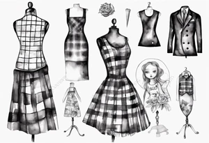Tailor's mannequin with a little girl's plaid dress consisting of skirt and vest on top. Watercolour style tattoo idea