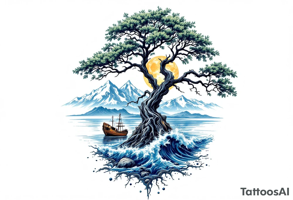 acacia tree with mountains and the ocean and a ship wreck tattoo idea