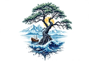 acacia tree with mountains and the ocean and a ship wreck tattoo idea