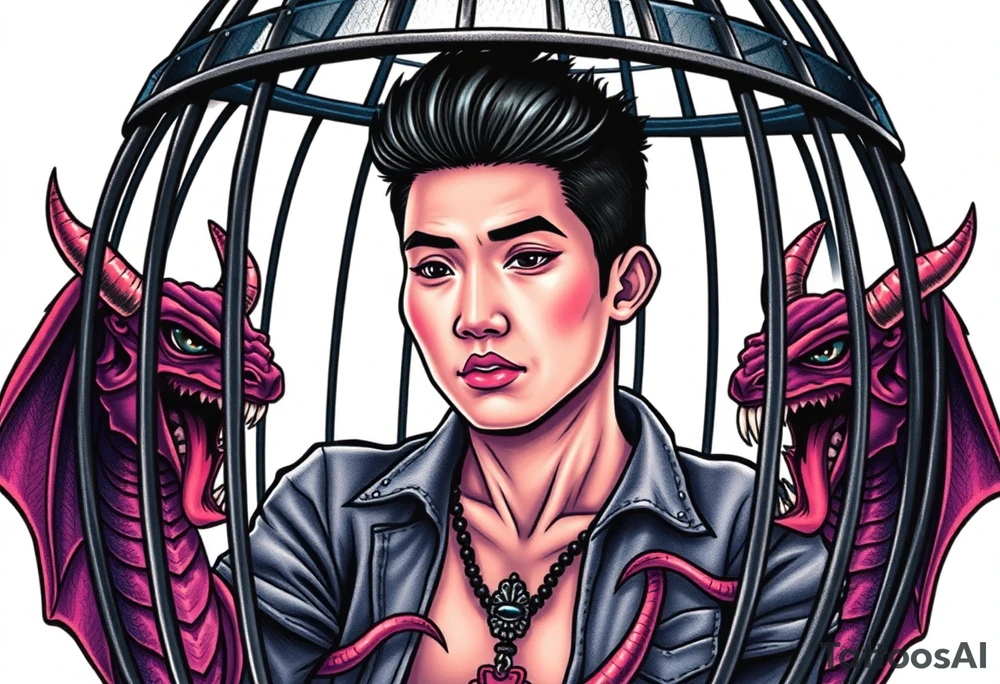 Handsome Asian young guy in demons cage tattoo idea