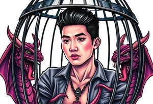 Handsome Asian young guy in demons cage tattoo idea