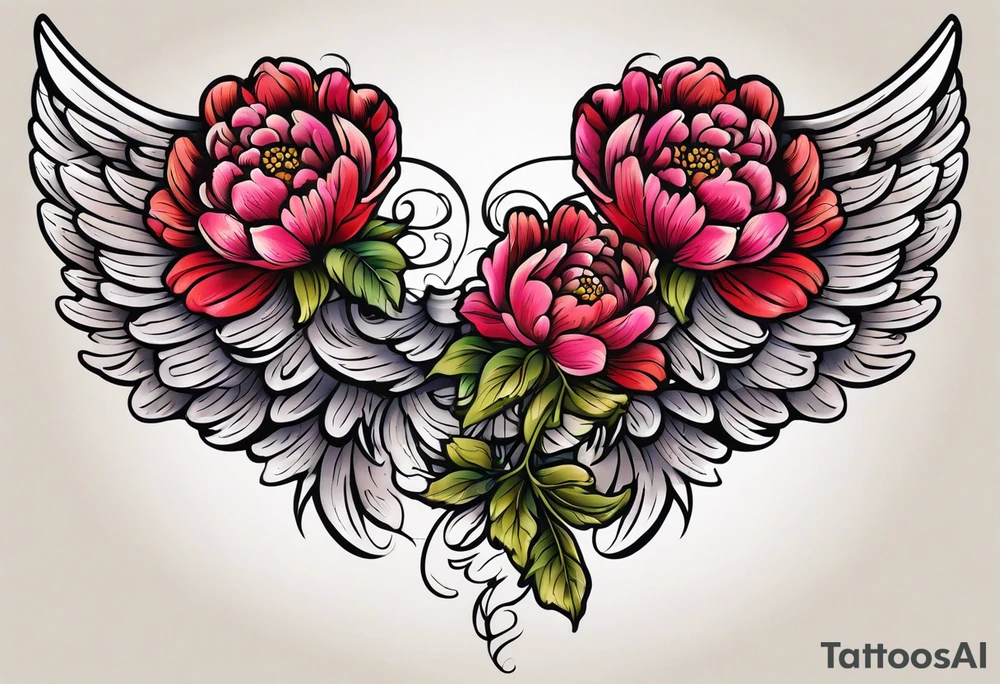 beautiful angel wings with colorful, peonies. beautiful flilligree in the background , full color, traditional old school tattoo idea