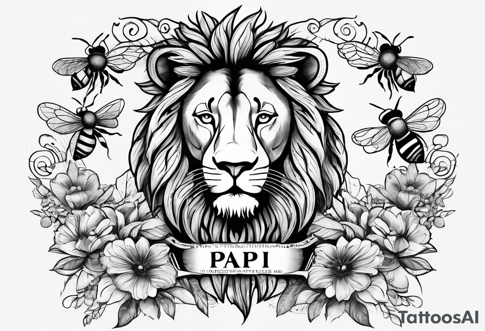 Bees, Lion, the word Papi with the date 4/15/23. tattoo idea
