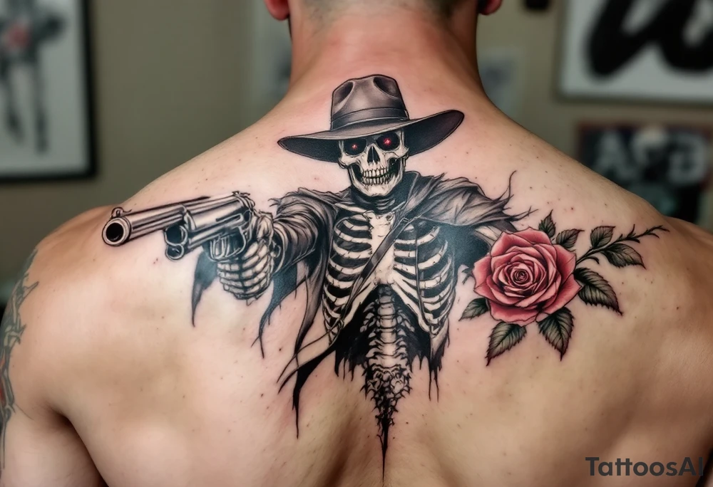 a full body skeleton cowboy gunslinger with a rose in his mouth. tattoo idea