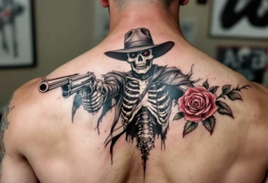 a full body skeleton cowboy gunslinger with a rose in his mouth. tattoo idea