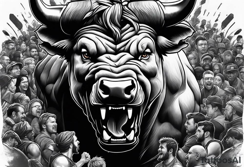 raging bull head busting through crowd tattoo idea