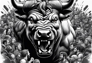 raging bull head busting through crowd tattoo idea