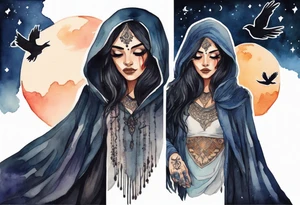 Watercolor of a Persian woman with a black cloak, standing before the night sky, a raven on her shoulder tattoo idea