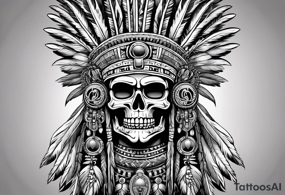 aztec god of death Mictlantecuhtli with long feathers around his head and skull as a head tattoo idea