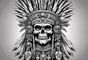 aztec god of death Mictlantecuhtli with long feathers around his head and skull as a head tattoo idea