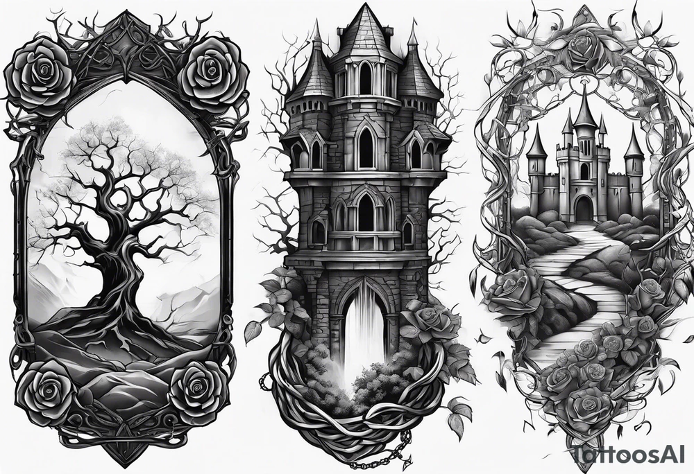 tattoo fool sleeve, old broken gothic castle, tree roots break out of the chains, roses tattoo idea