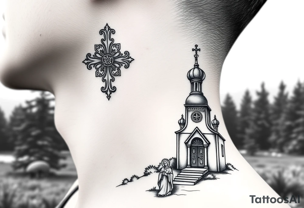 russian design  traditional christian orthodox cross with a virgin mary stood beside the entrance of a russian orthodox dome church on the side of the neck in a wilderness setting tattoo idea