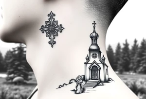 russian design  traditional christian orthodox cross with a virgin mary stood beside the entrance of a russian orthodox dome church on the side of the neck in a wilderness setting tattoo idea