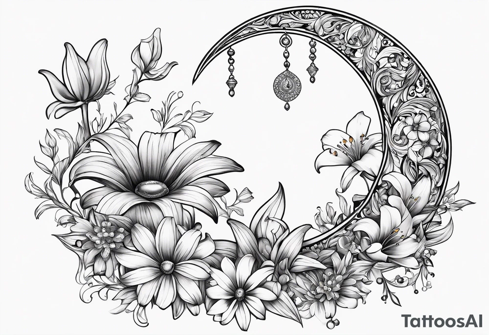 Crescent moon with daisy's, lily’s, crystals, and mushrooms tattoo idea