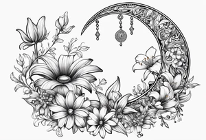 Crescent moon with daisy's, lily’s, crystals, and mushrooms tattoo idea