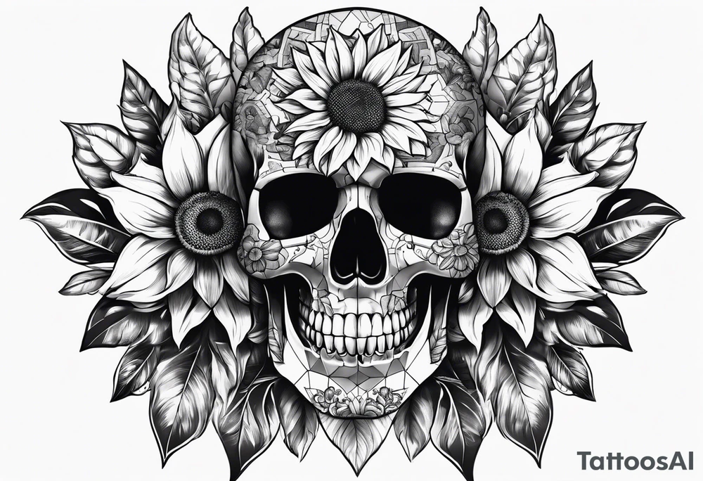 Sunflower, skull with puzzle pieces of real face tattoo idea