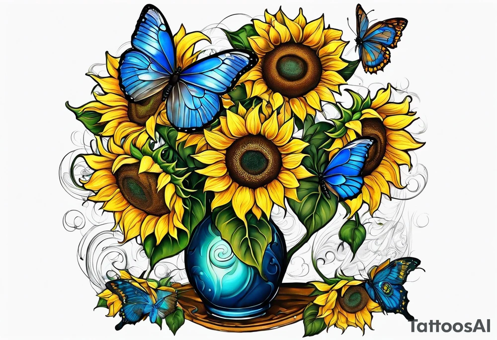 Sunflowers, full moon, blue morpho butterflies cross tattoo idea