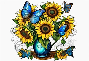 Sunflowers, full moon, blue morpho butterflies cross tattoo idea