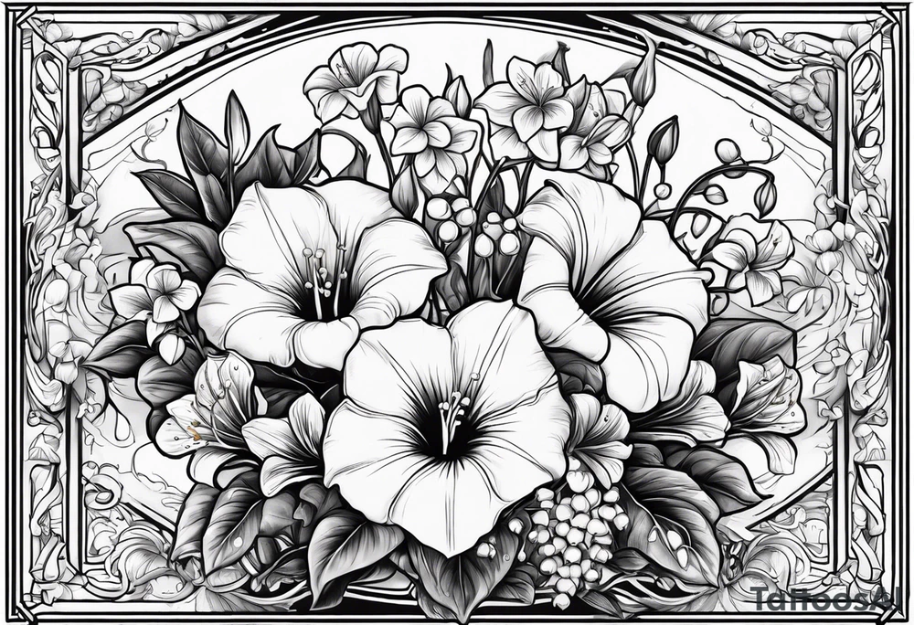 bouquet of morning glory and lily of the valley with psalm 23 written underneath tattoo idea
