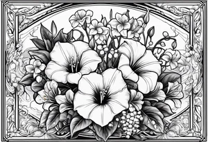 bouquet of morning glory and lily of the valley with psalm 23 written underneath tattoo idea