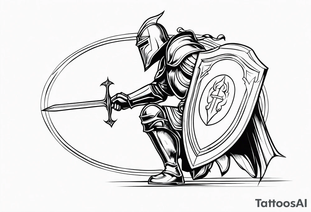 side view of crouched knight holding shield tattoo idea