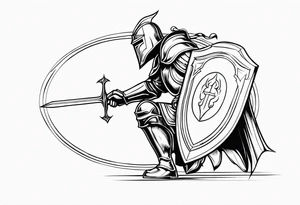 side view of crouched knight holding shield tattoo idea