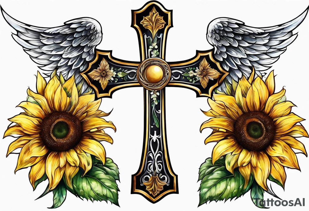 Winged cross with sunflower tattoo idea