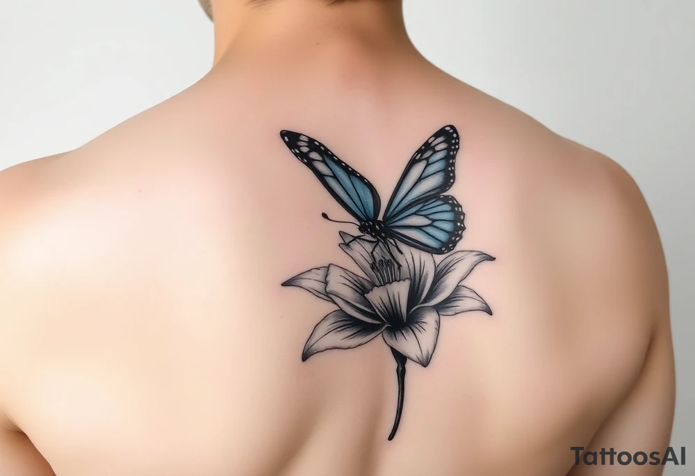 blue morph butterfly landing on a tiger lily tattoo idea