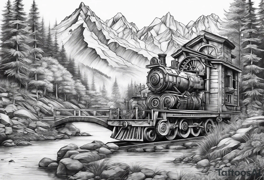 gears, mountains , streams/ rivers tattoo idea