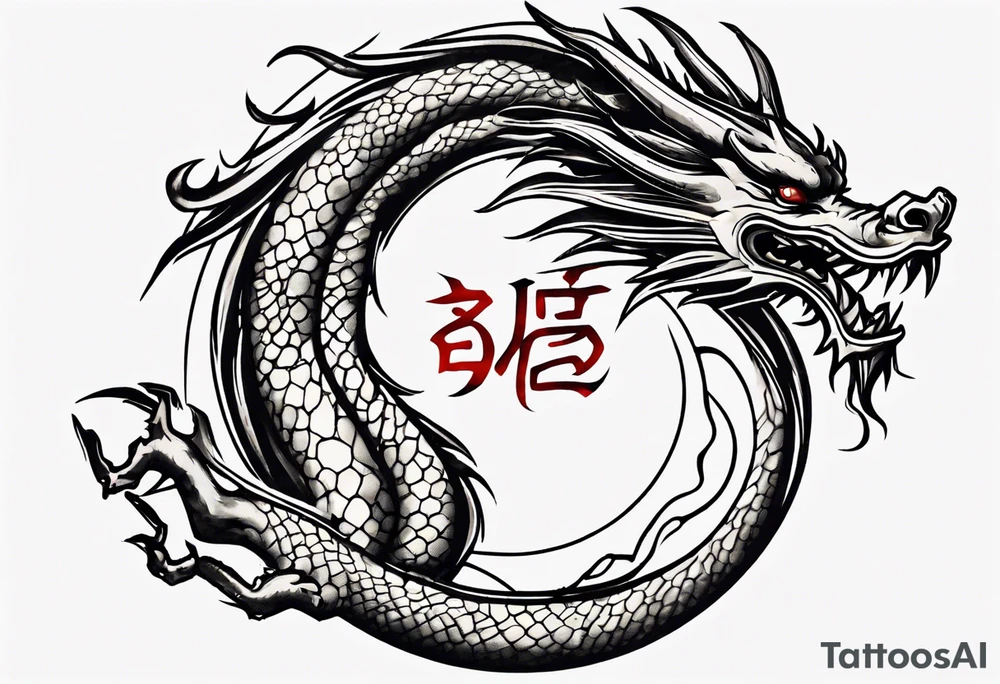 Chinese dragon in a circular shape with "02.03" written on it tattoo idea