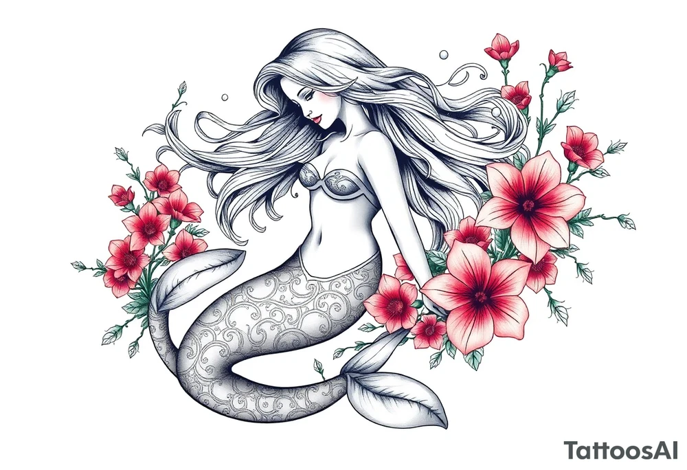 ethereal mermaid with flowing hair among coral and sea flowers tattoo idea