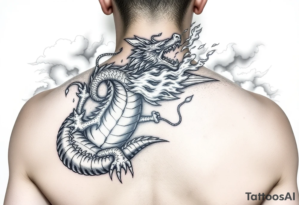 fierce dragon breathing iridescent fire against stormy skies tattoo idea