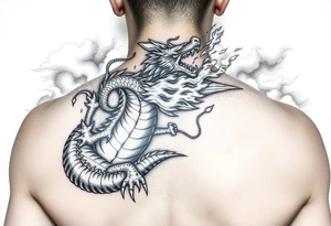 fierce dragon breathing iridescent fire against stormy skies tattoo idea