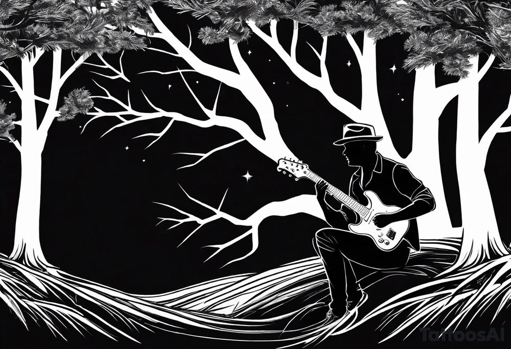silhouette of a man playing electric guitar while sitting in a pine tree. tattoo idea