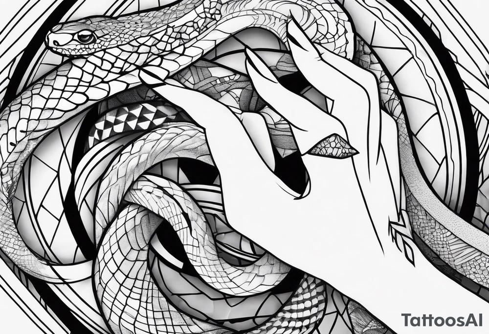 A streched out feminine hand that has a snake all around it tattoo idea