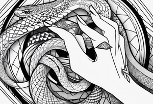 A streched out feminine hand that has a snake all around it tattoo idea