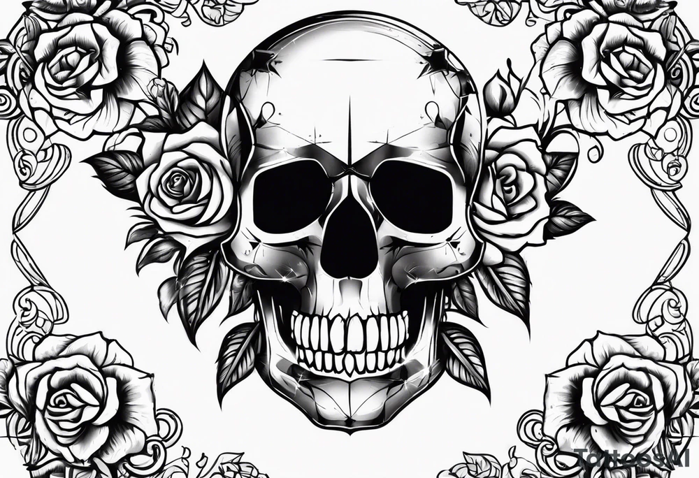 1 skull, 3 roses, metal music, masonic symbol tattoo idea