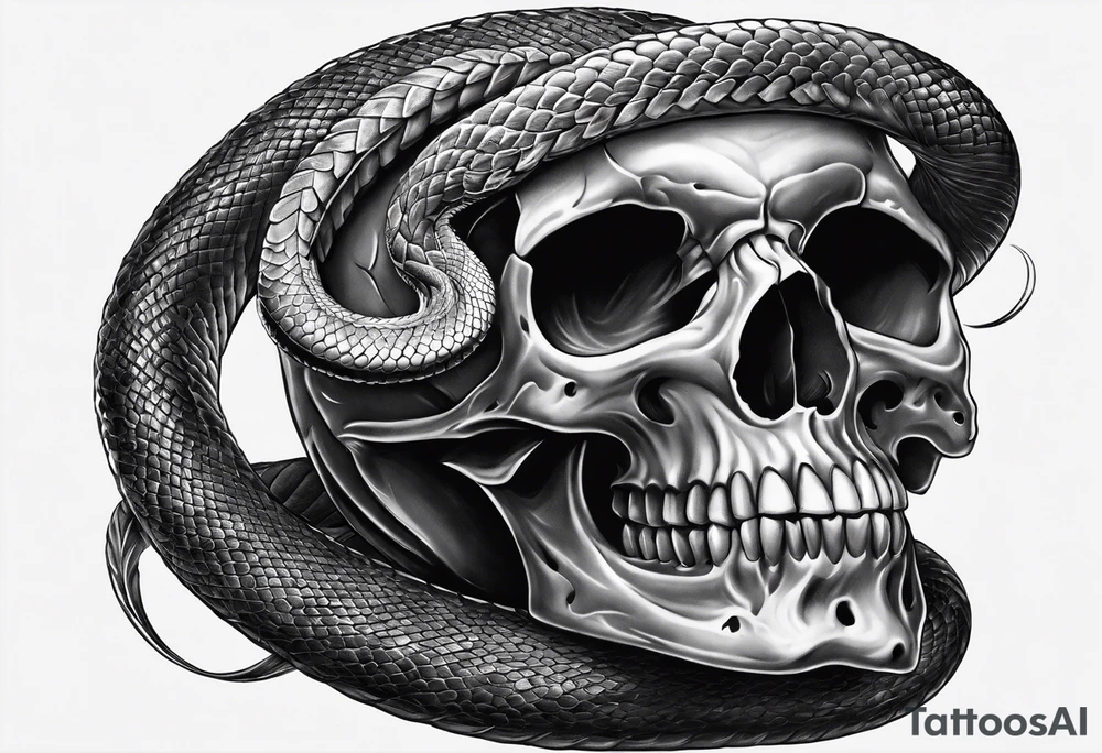 Snake intertwined into a realistic skull coming through the eye ready to strike tattoo idea