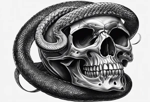 Snake intertwined into a realistic skull coming through the eye ready to strike tattoo idea