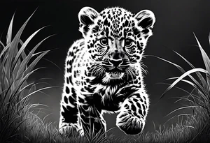 baby leopard walking straight with gras in the background tattoo idea