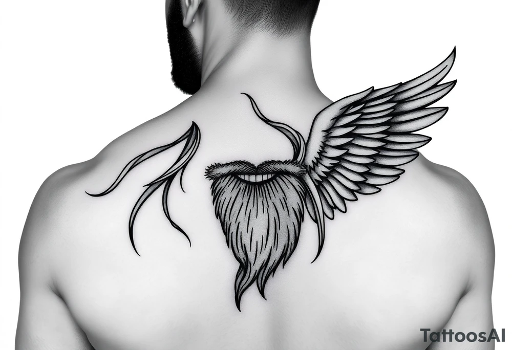Male with long hair and beard flowing in the wing with smile on face tattoo idea