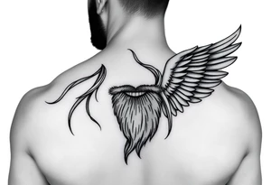 Male with long hair and beard flowing in the wing with smile on face tattoo idea