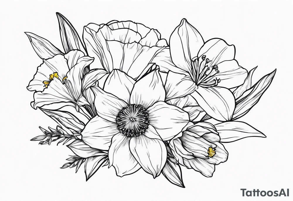 Bouquet including:
DAFFODIL
JONQUIL
ASTER
MORNING GLORY
Held together with a bow tattoo idea Bouquet including:
DAFFODIL
JONQUIL
ASTER
MORNING GLORY
Held together with a bow tattoo idea