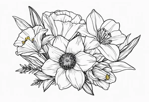 Bouquet including:
DAFFODIL
JONQUIL
ASTER
MORNING GLORY
Held together with a bow tattoo idea